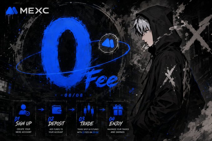 A promotional graphic for MEXC exchange featuring an anime character and a large blue '0 Fee' design with the text '08/08', illustrating a four-step process: 01 Sign Up, 02 Deposit, 03 Trade, and 04 Enjoy.