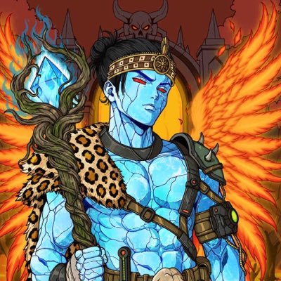 Illustration of a blue-skinned winged warrior with a flaming sword and leopard-print cape, in front of a horned demonic figure.