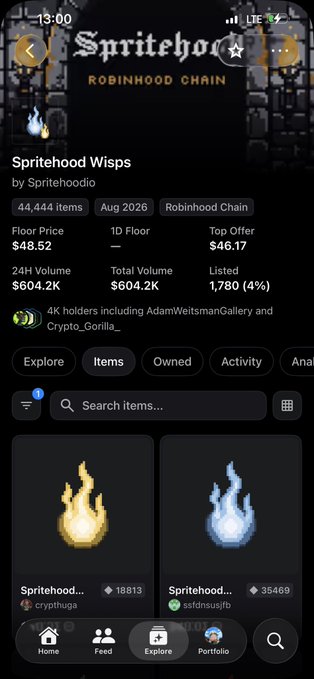 A mobile screenshot of the Spritehood Wisps NFT collection on Robinhood Chain, showing 44,444 items, a floor price of $48.52, 24H volume of $604.2K, and 4K holders.