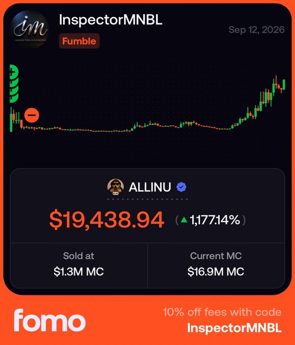 A Fomo trading screenshot dated Sep 12, 2026, by user "InspectorMNBL" highlights a missed opportunity on the $ALLINU token, which sold at $1.3M market cap and has since surged 1,177.14% to $16.9M MC, currently valued at $19,438.94 — reflecting the poster's "big fumble" referenced in the caption.
