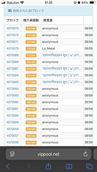 A mobile browser screenshot shows a list of newly discovered mining blocks at vippool.net (blocks #4070056 through #4070073, each with 102–119 remaining hashes), with no MEM (Monacoin) ticker visible but timestamped 08/06, supporting a recent Monacoin mining reward payout.