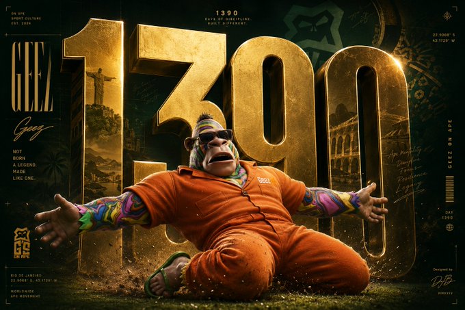 The image features a person in a vibrant orange tracksuit and a colorful patterned beanie, wearing a Bored Ape-style mask, seated in front of massive golden "1390" numerals resembling a milestone or jersey number, with text including "GEEZ," "1390 BUILT TO LAST BUILT DIFFERENT," and "GEEZ ON APE" — aligning with the post's message by celebrating the "Geez on Ape" persona as a fun, stylish companion to Bored Ape NFT culture.