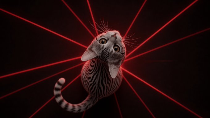 A tabby kitten looking upward with curious expression, illuminated against a dark background crossed by dramatic red laser-like light beams.
