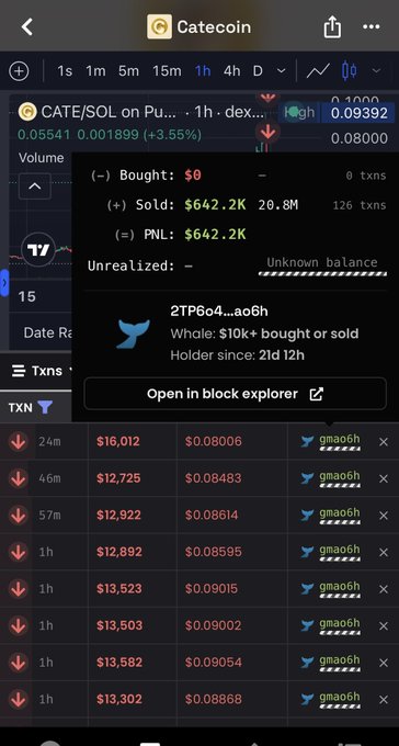 A screenshot from Catecoin shows wallet "2TP6o4...ao6h" with $642.2K sold (126 transactions) of CATE/SOL, labeled as a "Whale: $10k+ bought or sold" and holder since 21d 12h, with the post pointing to this address as the source of the recent Catecoin selloff.