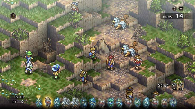 Screenshot of the tactical RPG 'Final Fantasy Tactics' showing isometric gameplay with multiple character sprites on a rocky terrain, indicating the player is at turn 2/13 on ELEV 14.