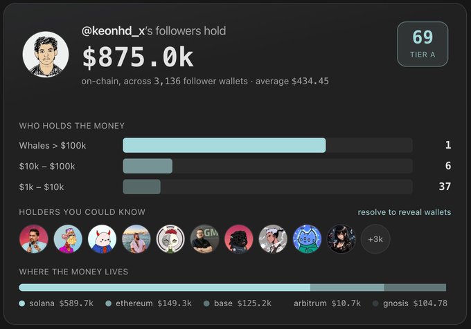 A dashboard showing '@keonhd_x's followers hold $875.0k' with 69 Tier A holders, broken down by whale categories and chains including Solana ($589.7k) and Ethereum ($149.3k).