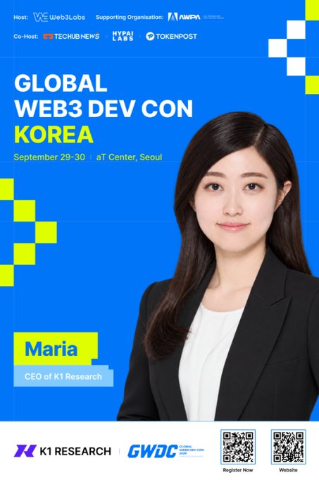 A promotional graphic for 'GLOBAL WEB3 DEV CON KOREA' on September 29-30 at T Center, Seoul, featuring a woman named 'Maria, CEO of K1 Research' in a black blazer, with logos for Web3Labs, TECHUB NEWS, 'HYPER LAB', and TOKENPOST.