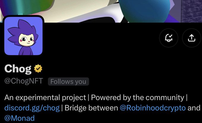 The image shows the Twitter/X profile of "Chog" (@ChogNFT), a verified account with a purple cartoon character avatar, describing itself as "An experimental project | Powered by the community | discord.gg/chog | Bridge between @Robinhoodcrypto and @Monad." This relates to the post by showcasing the project's official profile, reinforcing the author's enthusiasm about securing a whitelist spot and anticipating Chog's potential mint on the Monad blockchain.