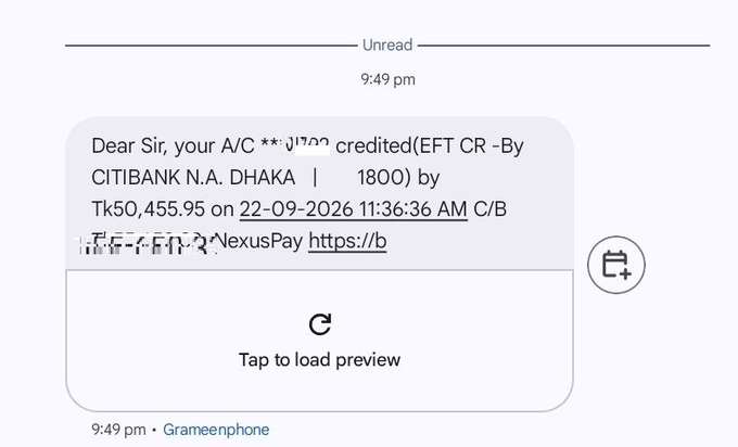 The image shows a mobile SMS notification from "Grameenphone" timestamped 9:49 pm, displaying a bank credit alert that a transaction of Tk50,455.95 was credited via EFT CR - By CITIBANK N.A. DHAKA on 22-09-2026 at 11:36:36 AM C/B, referencing "NexusPay." This serves as visual proof of the user's second X (Twitter) payment arriving in their bank account, supporting their excitement about receiving another payout for their posting and research efforts.