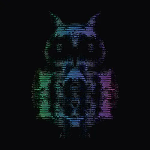 A pixelated owl graphic is displayed in glowing blue, green, and purple colors against a black background.