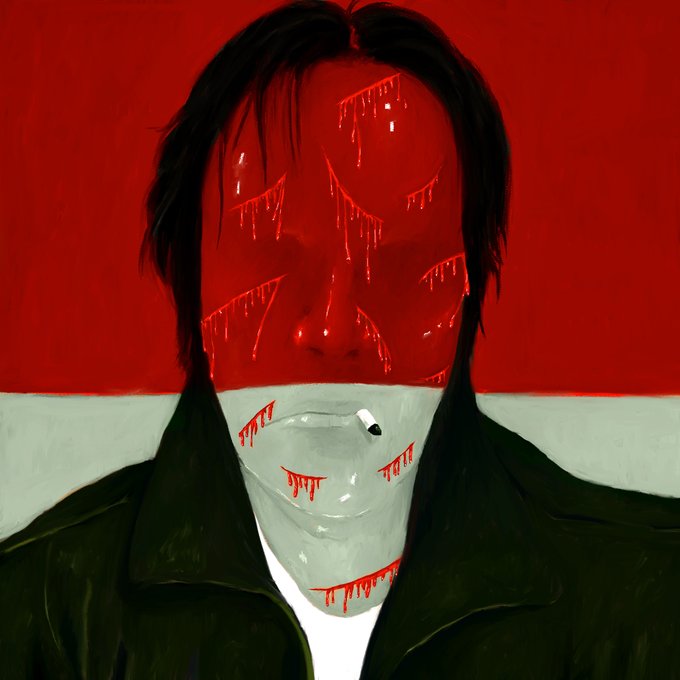 A dark, moody digital painting portrait of a person with a red-painted upper face covered in drip marks, holding a cigarette in their mouth, set against a red and gray background.