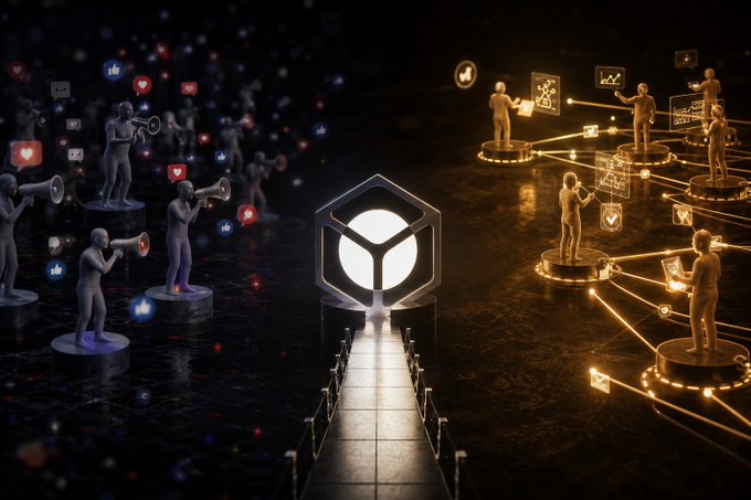 A digital illustration showing a central glowing cubic logo with stylized human figures on either side connected by social media icons like hearts and messages.