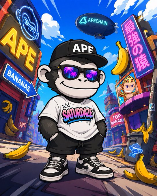 A cartoon illustration of a monkey wearing an 'APE' cap, sunglasses with palm tree reflections, and a 'SATURDAZE' t-shirt, standing in a vibrant street filled with banana-themed signage like 'APE BANANAS' and 'TOP BANANA,' with an 'APECHAIN' blimp overhead and a 'APE' trash can nearby.