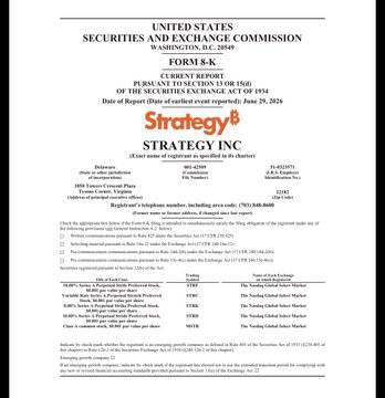 The image shows the SEC Form 8-K cover page filed by Strategy (formerly MicroStrategy) on June 29, 2026, regarding a current report of the sale of 2,023 shares of 8.00% Series A Strike Perpetual Stretch Preferred Stock.

The accompanying post notes that despite concerns about funding coming from its $1.25B selling program, this 8-K filing reveals that Strategy instead used proceeds from its record 3,588 BTC sale (~ $225M) to fund the preferred stock dividends.