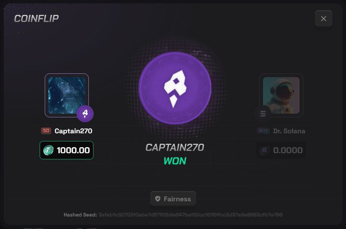 A 'COINFLIP' game result screen showing 'CAPTAIN270 WON' against 'Dr. Solana', with Captain270 betting 1000.00 and the game showing a hashed seed for fairness verification.