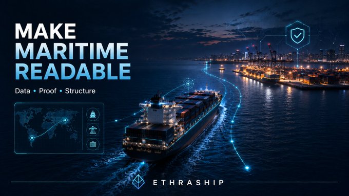 A promotional graphic reading "MAKE MARITIME READABLE" with the "ETHRASHIP" logo, showing a container ship at a port with digital data overlay graphics.