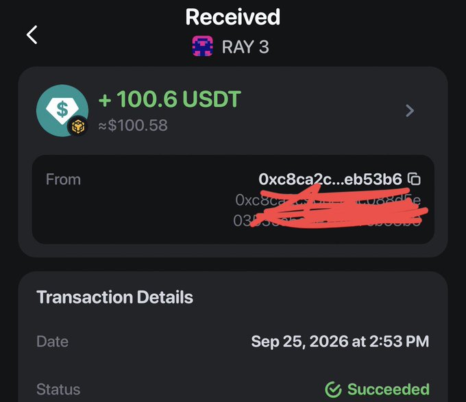 A cryptocurrency transaction receipt showing a received amount of +100.6 USDT (~$100.58) from RAY 3, with the sender's address partially redacted and transaction date Sep 25, 2026 at 2:53 PM, status Succeeded.