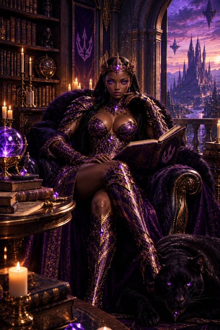 A powerful sorceress queen in ornate purple and gold armor sits enthroned in a candlelit gothic study, reading from an ancient tome while a black panther with glowing eyes rests at her feet, overlooking a dark fantasy citadel. The image's themes of mystique, authority, and lasting mystique complement the post's message about building reputation through consistent, meaningful contribution rather than fleeting hype.