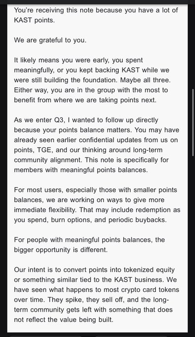 A note addressed to users with significant KAST points discussing Q3 plans, mentioning potential tokenized equity conversion and referencing prior crypto card token failures.