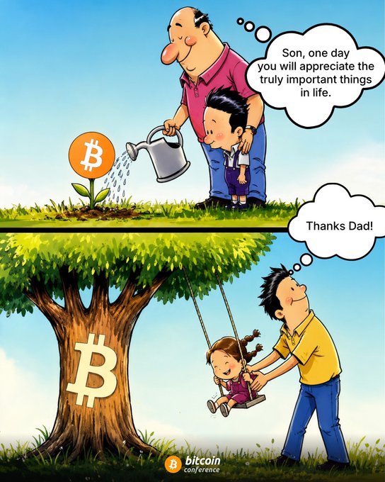 A cartoon shows a father watering a Bitcoin sapling and telling his son he'll appreciate it someday, then the grown son pushing his daughter on a swing beneath the towering Bitcoin tree. The Bitcoin Conference logo is at the bottom, reinforcing the message to "stack Bitcoin" for future generations.