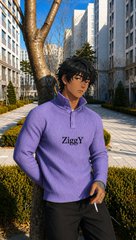 A young man wearing a purple hoodie with 'ZingT' text and a black cap stands outdoors in front of buildings.