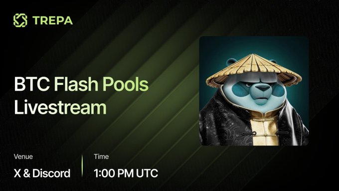 A promotional graphic for a 'BTC Flash Pools Livestream' by TREPA, featuring a panda mascot in samurai attire, set for X & Discord at 1:00 PM UTC.