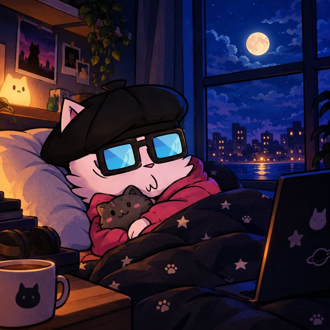An anime-style illustration of a white cat wearing a black cap and blue sunglasses, sleeping in bed while hugging a small gray cat, with a moonlit cityscape visible through the window.