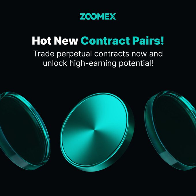 The image shows a promotional advertisement for hot new contract pairs presented by ZOOMEX. There are three sets of coins depicted, each displaying different designs and sizes, all set against a black background. The primary focus of the text at the bottom of the image is to highlight that trade is now available on the website zoomex.com/en/help, providing information about the available trading opportunities for these contracts.