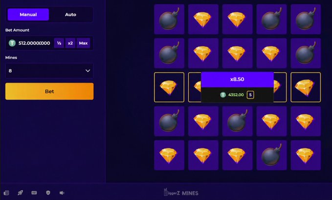 Screenshot of the 'PowerZ MINES' gambling game showing a 5x5 grid of diamonds and bombs with a 'x8.50' multiplier revealed, a bet of 512,000,000, and 8 mines selected.