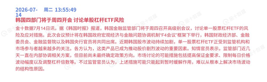 A Chinese-language news article dated 2026-07-14 13:55:49 reports that South Korea's four government departments (including the Financial Services Commission and Financial Supervisory Service) will hold a high-level meeting on Thursday to discuss risks associated with single-stock leveraged ETFs and possible countermeasures such as raising margin requirements or adjusting leverage ratios.

The image relates to the accompanying post about Hynix's recent price action ("surrender K" followed by a volume surge), suggesting that regulatory crackdowns on leveraged ETFs could reduce speculative trading pressure on Samsung Hynix, potentially clearing the path for a more sustained rally.
