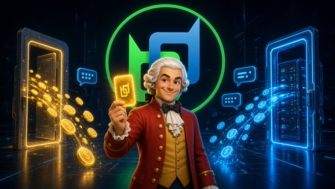 A 3D-rendered figure in an 18th-century red coat and powdered wig holds up a glowing gold card, flanked by swirling streams of golden and blue cryptocurrency tokens and chat bubbles against a futuristic backdrop.