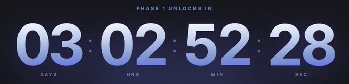 A digital countdown timer with the header 'PHASE 1 UNLOCKS IN' displaying '03 : 02 : 52 : 28' in days, hours, minutes, and seconds.