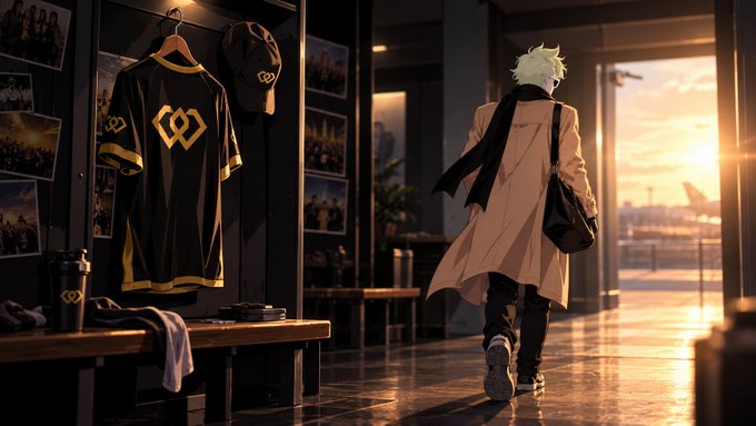 An anime-style illustration shows a blonde-haired character in a long tan coat walking toward a sunset view through glass doors, while a black and gold sports jersey hangs on a locker nearby.