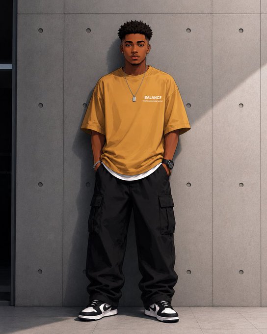 A young man leaning against a gray concrete wall, wearing a yellow t-shirt with "BALANCE" text, black cargo pants, and black and white sneakers.