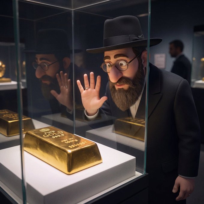 A stylized 3D rendered image depicts a bearded man in a black suit and fedora looking intently at a gold bar displayed inside a glass case, his hand pressed against the glass.