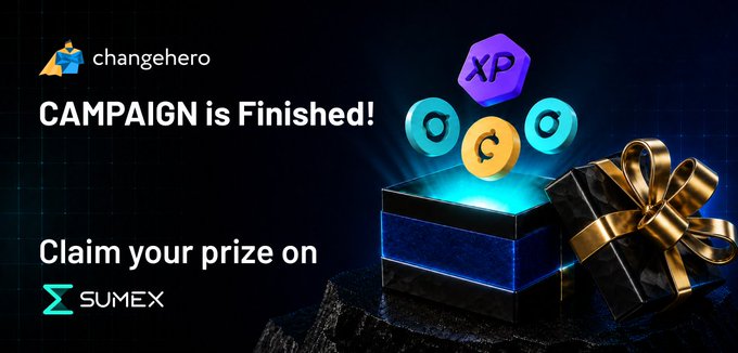 The image is a promotional graphic announcing the end of a swap campaign, featuring a glowing treasure chest with cryptocurrency coins and a gift box alongside the text "CAMPAIGN is Finished!" from ChangeHero, directing winners to claim their prize on Sumex.
