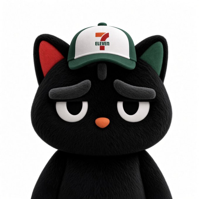 3D rendering of a black cartoon cat character with a sad expression, wearing a green and white 7-Eleven baseball cap.