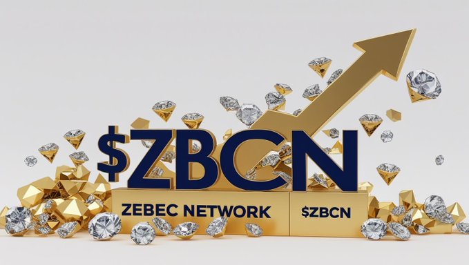 Promotional graphic for '$ZBCN' (Zebec Network) featuring large 3D blue text surrounded by gold bars, diamonds, and an upward-pointing arrow.