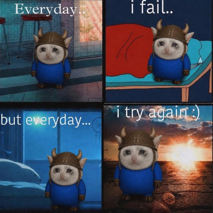 A four-panel meme featuring a sad cat wearing a viking helmet and blue sweater, with text reading 'Everyday.. i fail.. but everyday... i try again :)'.