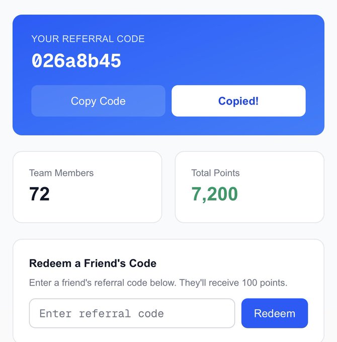 The image displays a referral dashboard showing a user's code "026a8b45" with 72 team members and 7,200 total points, alongside a "Redeem a Friend's Code" section. This visually reinforces the accompanying post's invitation to join via the link "sfex.it.com/?ref=026a8b45" or redeem the code "026a8b45" to qualify for the upcoming team rewards campaign through the @sfexwallet platform.