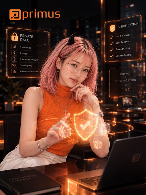 An advertisement for 'Primus' featuring a pink-haired woman surrounded by floating holographic UI panels displaying 'PRIVATE DATA' (Position Size, Strategy, Transaction Amount, etc.), 'VERIFICATION' (Proof of Assets, Valid Position, Trusted Claims, Onchain Record), and the equation 'PRIVACY + VERIFICATION = TRUST', with a laptop and 'CONFIDENTIAL FINANCE' booklet on the desk.