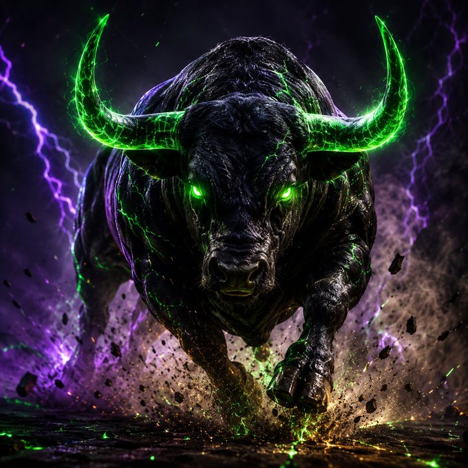 A dramatic digital artwork of a charging black bull with glowing green horns and eyes, surrounded by purple lightning and debris.