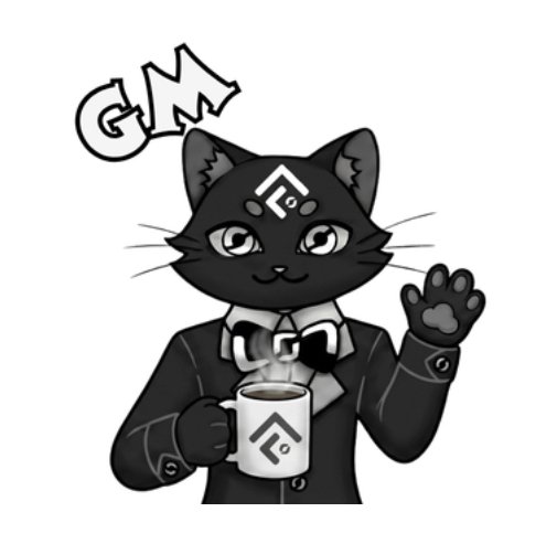 A grayscale cartoon cat wearing a suit holds a steaming mug with a stylized "F" logo, with "GM" (good morning) text above its head, visually representing the crypto community's greeting while echoing the "F" branding of FlutonIO mentioned in the post about private, encrypted DeFi execution.
