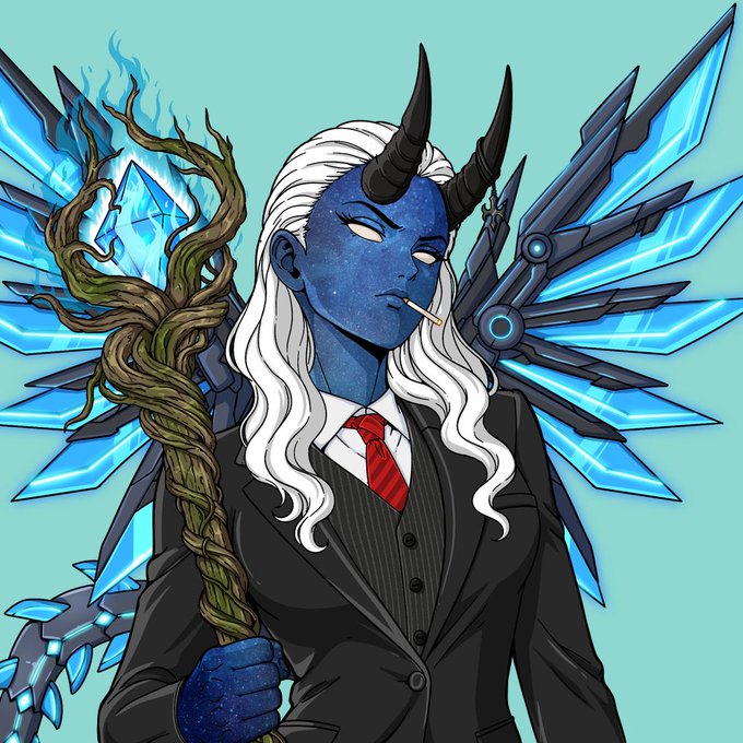 Digital illustration of a blue-skinned, horned humanoid with white hair wearing a black suit and red tie, holding a wooden staff, with glowing blue cybernetic wings in the background.