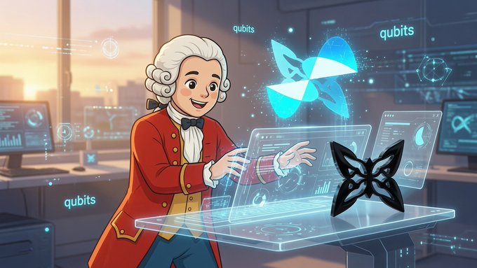 An illustrated cartoon of a figure in 18th-century attire interacting with a futuristic transparent interface displaying butterfly-like 'qubits' graphics.