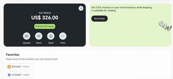 A crypto wallet dashboard shows a US$326.00 balance and favorites including BTC/USDT (-3.51%) and ETH/USDT (-4.25%). Beside it, a GRVT Earn promotion offers 3.5% interest on the entire balance, aligning with the post about additional ways to use funds through Grvt 2.0 and $GRVT Earn.