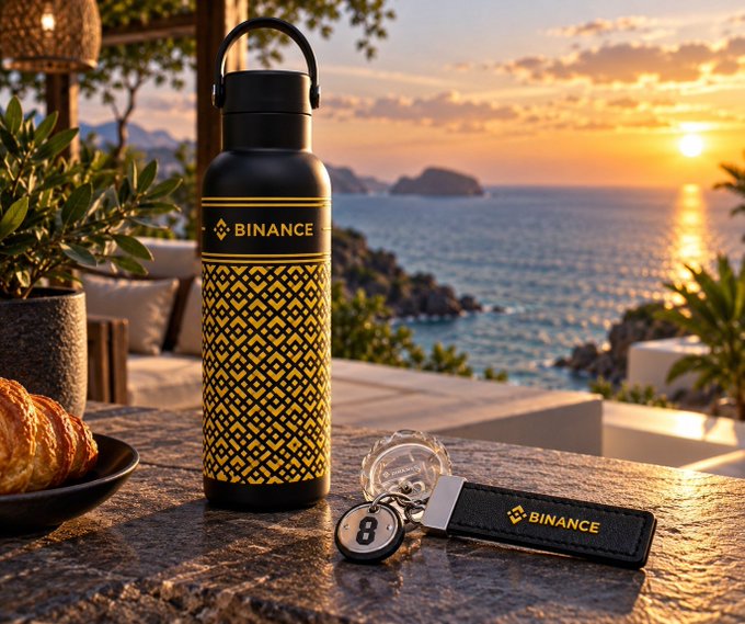 A Binance-branded water bottle with a black and gold geometric pattern sits on a stone ledge alongside a matching black keychain featuring the Binance logo, both set against a scenic sunset coastline. The luxurious beachside display paired with "gm!" evokes a relaxed, aspirational morning crypto vibe.