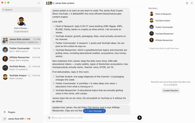 A team collaboration dashboard showing instructions for making a "James Rule Crypto Show" about XRP and blockchain, with roles assigned to team members including Chief of Research, YouTube Analyst, Twitter Commander, and Affiliate Researcher. The post celebrates upgrading to a higher plan to accommodate the increased workload from coordinating this multi-member content creation team.
