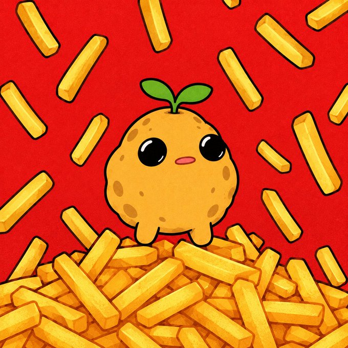 A cartoon potato character with a green sprout standing on a pile of french fries against a red background with fries falling around it.
