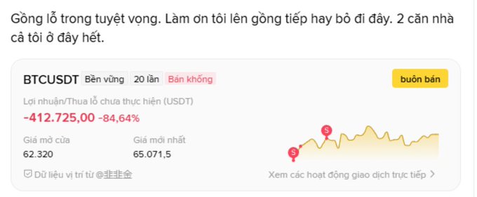 A screenshot in Vietnamese showing BTCUSDT perpetual trading data with a P&L of -412,725.00 USDT (-84.64%), indicating a desperate plea from someone who has lost all their savings.